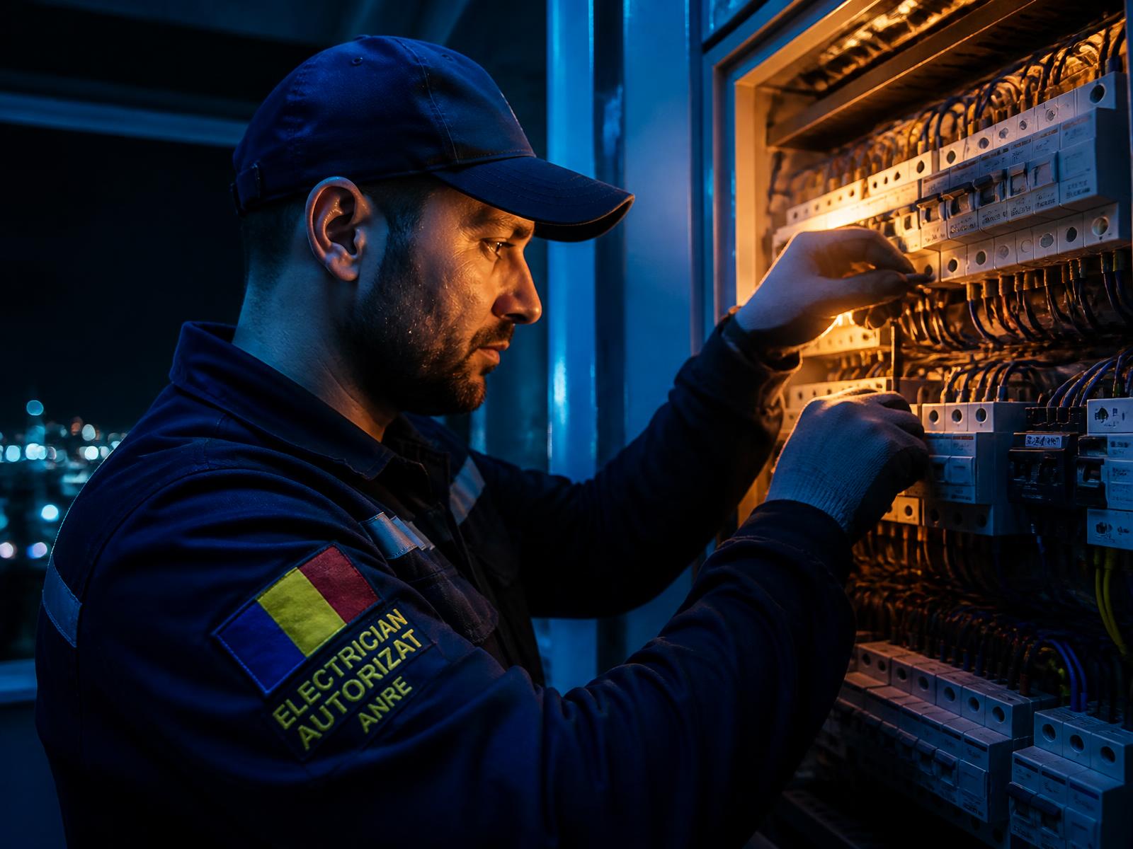 Electrician autorizat ANRE intervenind la un tablou electric în Sibiu